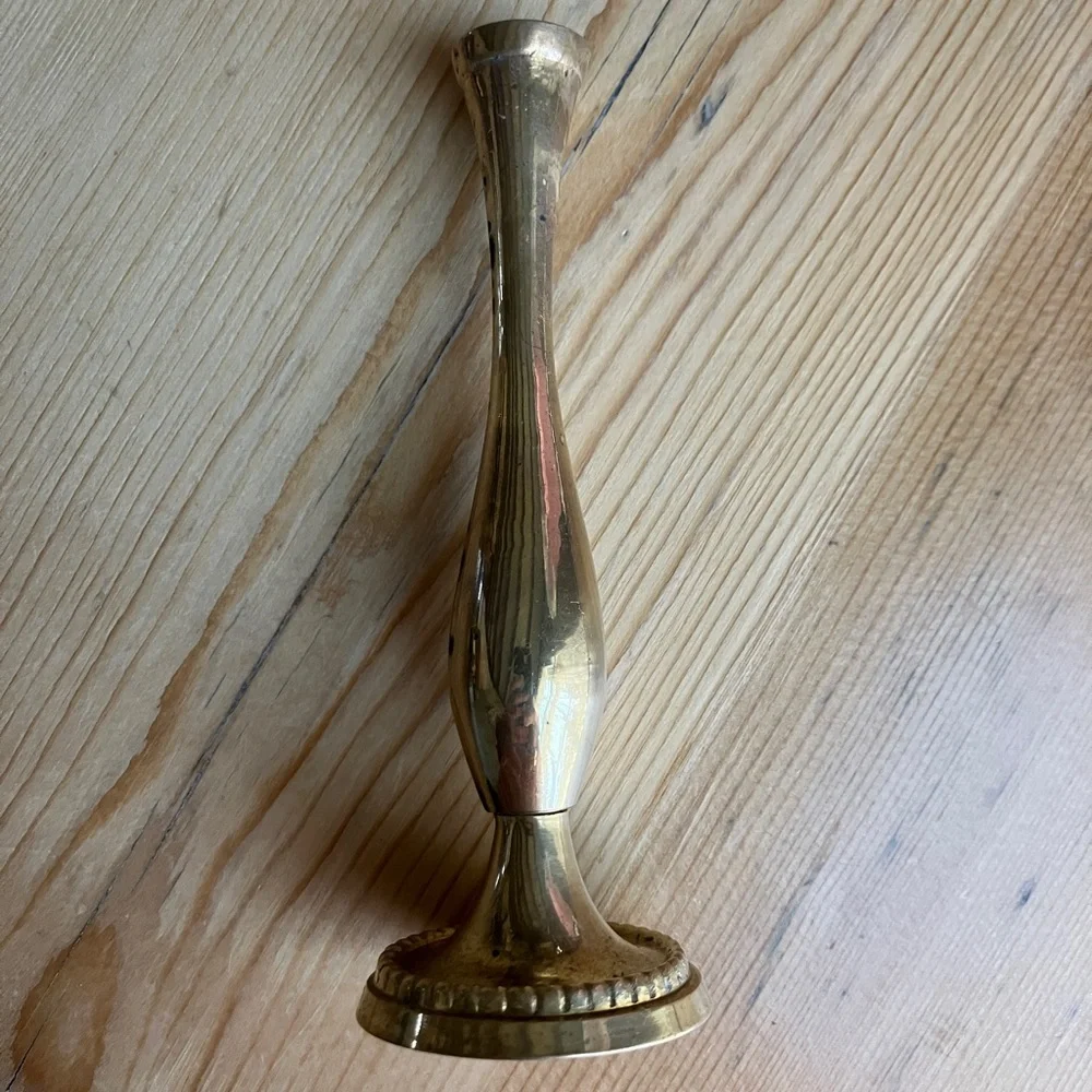 2/$30 Vintage Mini Brass Bud Vase 5.5” Tall 2 and 7/8’s” Base Patina Finish